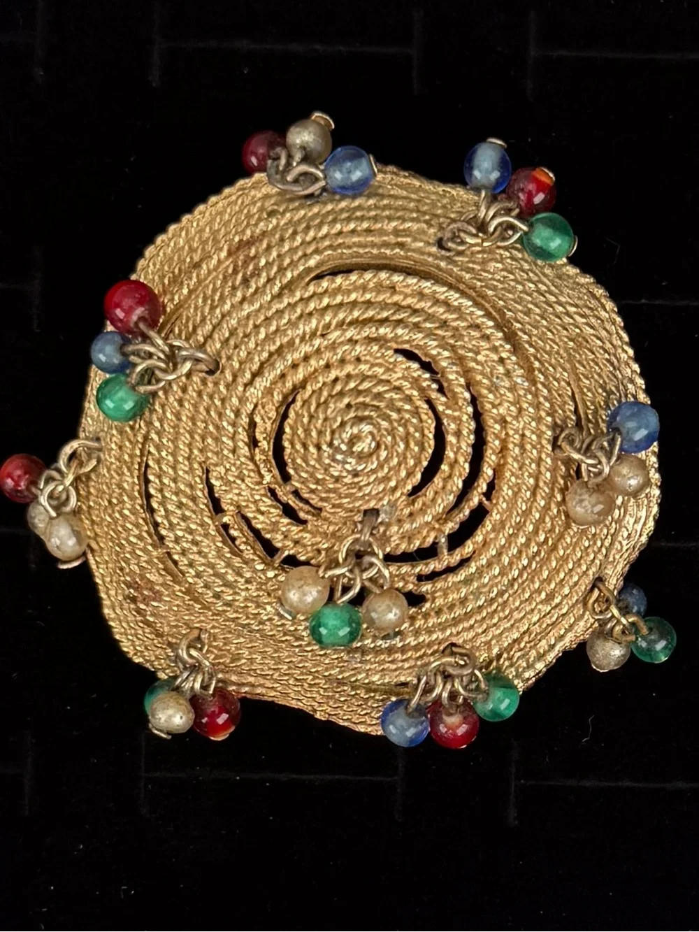 Vintage Gold Tone Spiral Brooch Multicolor Bead Dangles Statement Pin